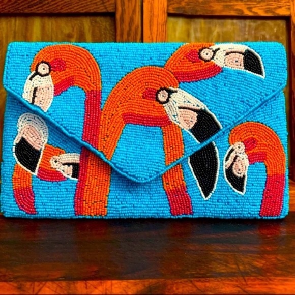 Flamingo Head Accented Seed Beaded Clutch / Crossbody Bag - Picture 2 of 7